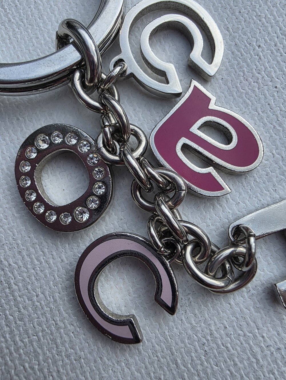 Y2K Coach Silver Key Ring with Pink Letter Charm Rhinestone Enamel - Picture 3 of 3